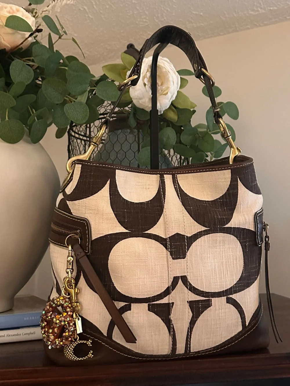 VINTAGE Y2K Coach Carly Hobo Bag – Rare Giant C Brown & Cream Linen #7473